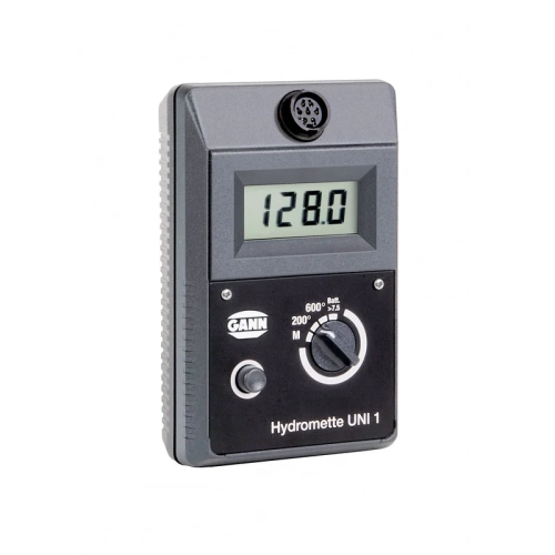 Miernik Gann Hydromette UNI 1 w szarej obudowie z wyświetlaczem LCD, pokrętłem wyboru funkcji i gniazdem sondy na górze