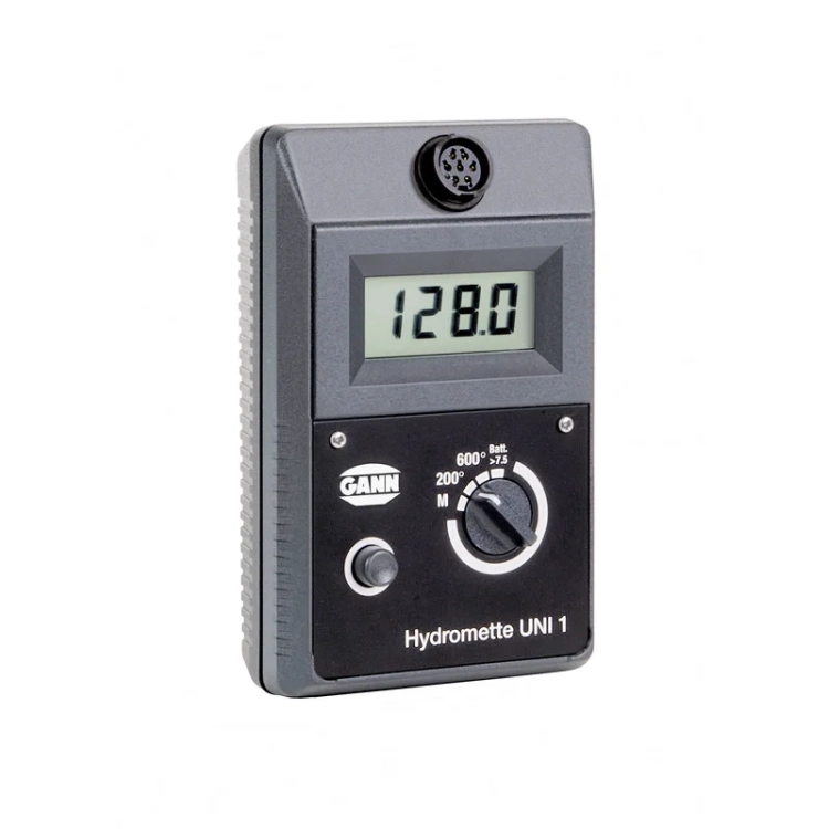 Miernik Gann Hydromette UNI 1 w szarej obudowie z wyświetlaczem LCD, pokrętłem wyboru funkcji i gniazdem sondy na górze