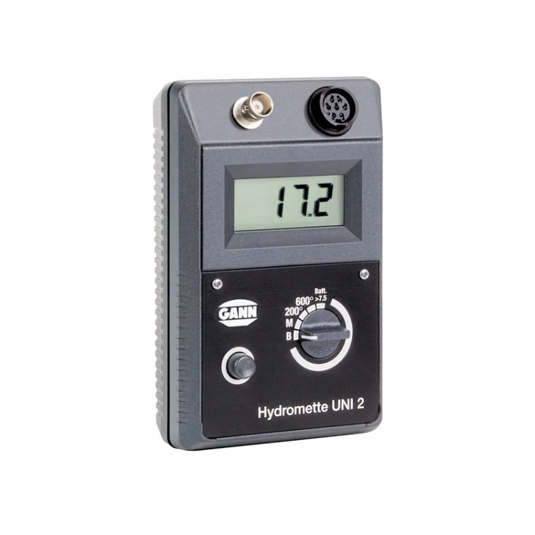 Miernik Gann Hydromette UNI 2 z gniazdem BNC i siedmiostykowym gniazdem sond, wyświetlaczem LCD i pokrętłem B, M, 200°, 600°, Batt.