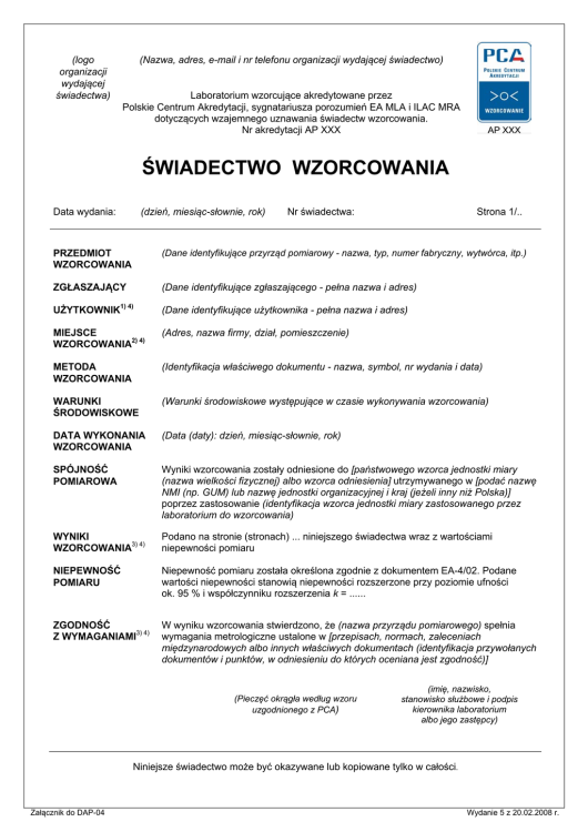 Wzór świadectwa wzorcowania z akredytacją PCA - temperatura w 2 punktach, rejestrator bez wyświetlacza