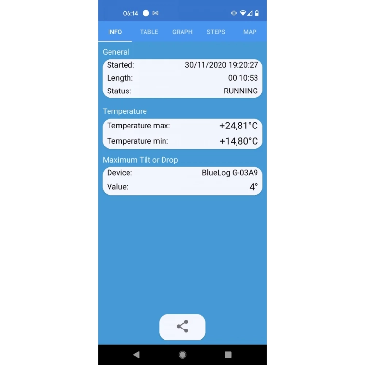 BlueLOG Basic TS01BL – Bluetooth rejestrator temperatury | ekran aplikacji