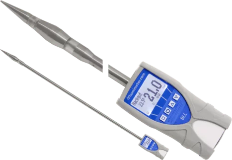 humimeter BLL z odczytem 21,0 % i sondą zakończoną głowicą pomiarową
