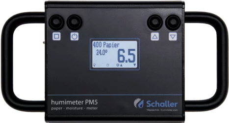 humimeter PM5 z przodu - wyświetlacz z odczytem 6,5 % i dwa uchwyty