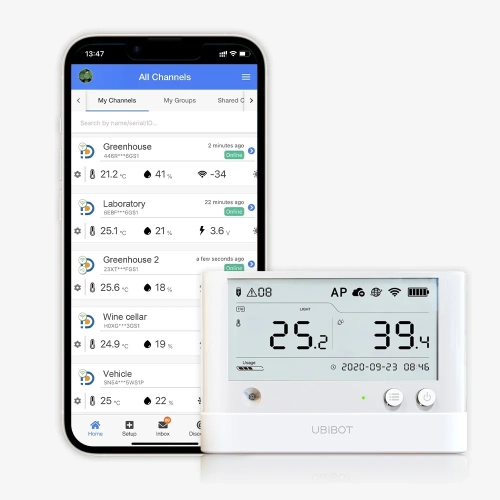 UbiBot WS1 Pro WiFi z wyświetlaczem LCD i aplikacja UbiBot z odczytami z wielu czujników