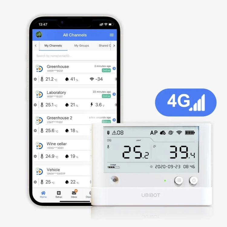 UbiBot WS1 Pro WiFi i LTE z łącznością 4G i aplikacja UbiBot z odczytami czujników