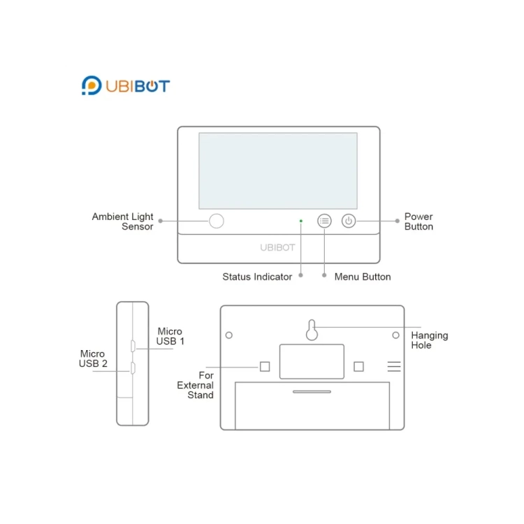 Budowa UbiBot WS1 Pro: przyciski, dioda, czujnik światła, dwa gniazda micro-USB, otwór do zawieszenia i podstawka