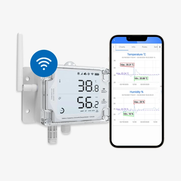 UbiBot GS1-A1RS - rejestrator temperatury i wilgotności WiFi z wyświetlaczem i wykresami w aplikacji UbiBot na telefonie