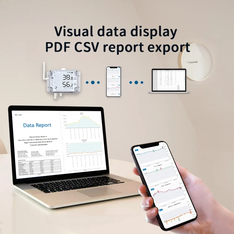 UbiBot GS1-A1RS - wykresy na telefonie i raport z danych eksportowany do PDF i CSV na laptopie