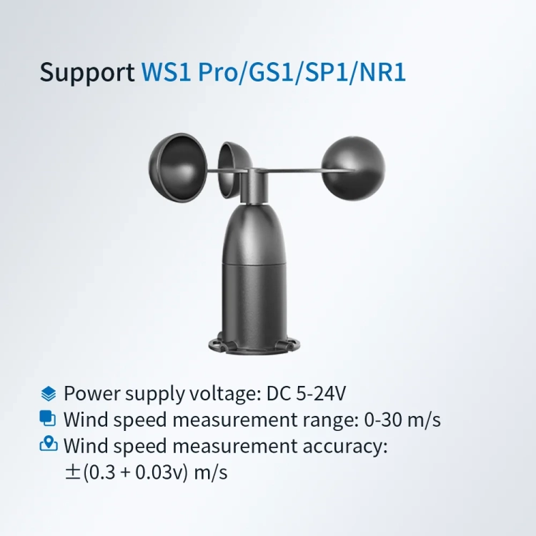 UbiBot UB-WS-N1 do WS1 Pro, GS1, SP1 i NR1 – prędkość wiatru 0-30 m/s, dokładność ±(0,3 + 0,03 v) m/s, zasilanie 5-24 V