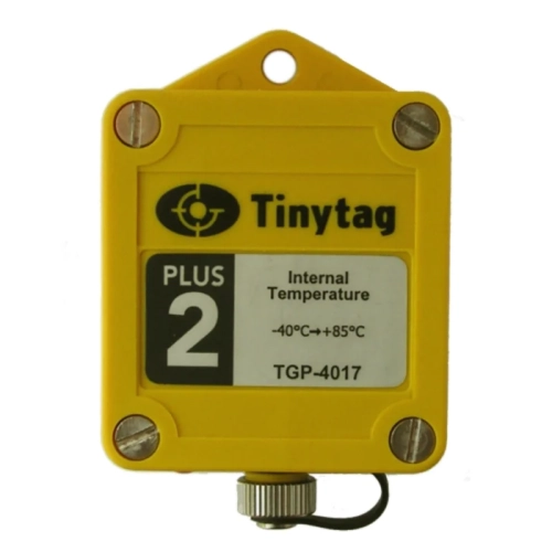 Tinytag Plus 2 TGP-4017 - rejestrator temperatury z czujnikiem wewnętrznym, zakres -40 do +85 °C, widok z przodu z uchem montażowym