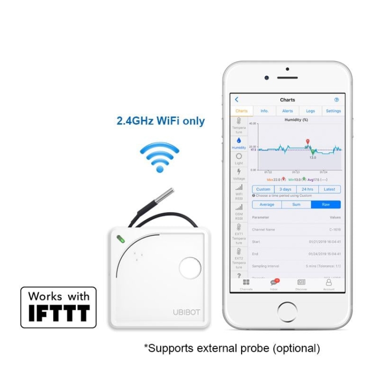 UbiBot WS1 z sondą zewnętrzną DS18B20 i aplikacja UbiBot na smartfonie