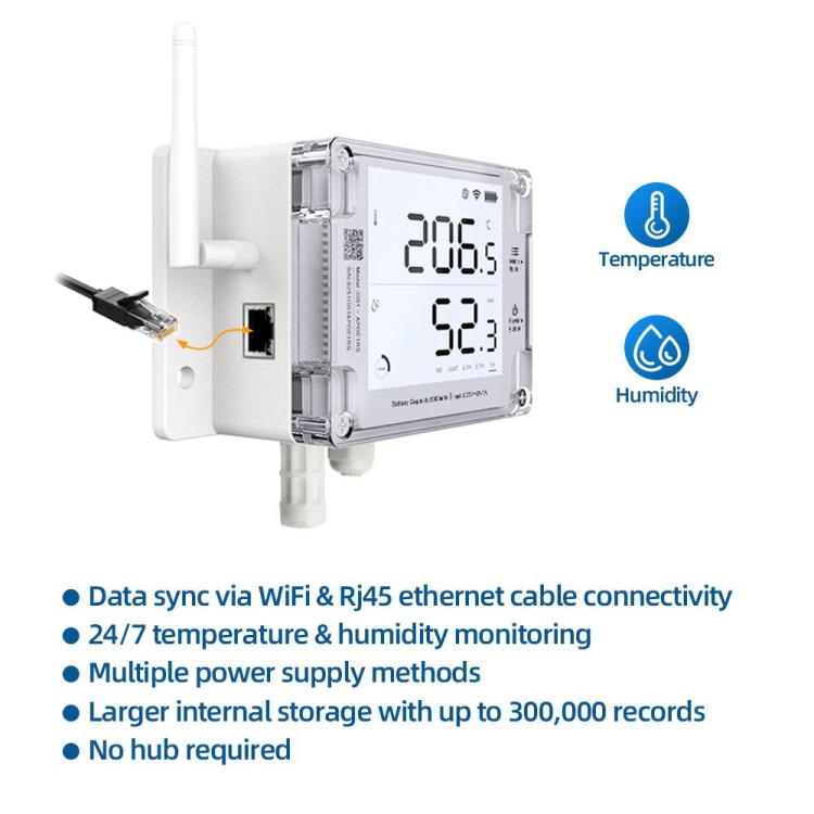 UbiBot GS1-AETH1RS z podłączonym kablem sieciowym RJ45 - pomiar temperatury i wilgotności, pamięć 300 000 pomiarów