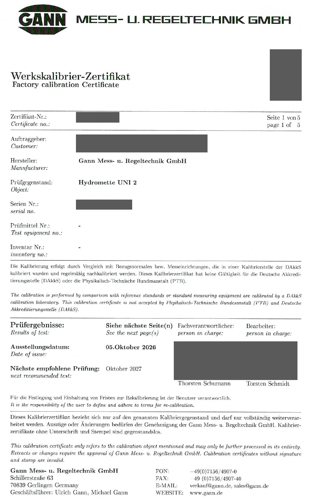Pierwsza strona certyfikatu kalibracji fabrycznej Gann dla miernika Hydromette UNI 2 z zasłoniętymi numerami